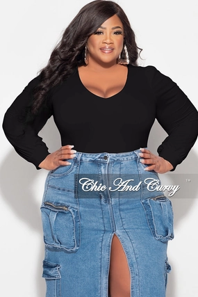 Casual Look Comfy Motion Final Sale Plus Size V Neck Bodysuit in Black