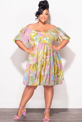 Final Sale Plus Size Smocked Chiffon Baby Doll Dress in Pink & Yellow Print Perfectly Relaxed