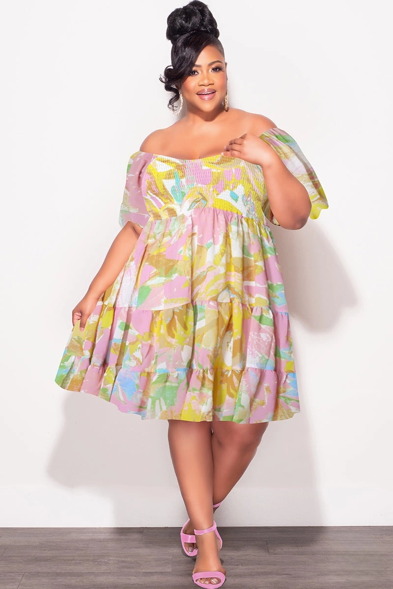 NoiseReducingFabric Casual Vibes Final Sale Plus Size Smocked Chiffon Baby Doll Dress in Pink & Yellow Print