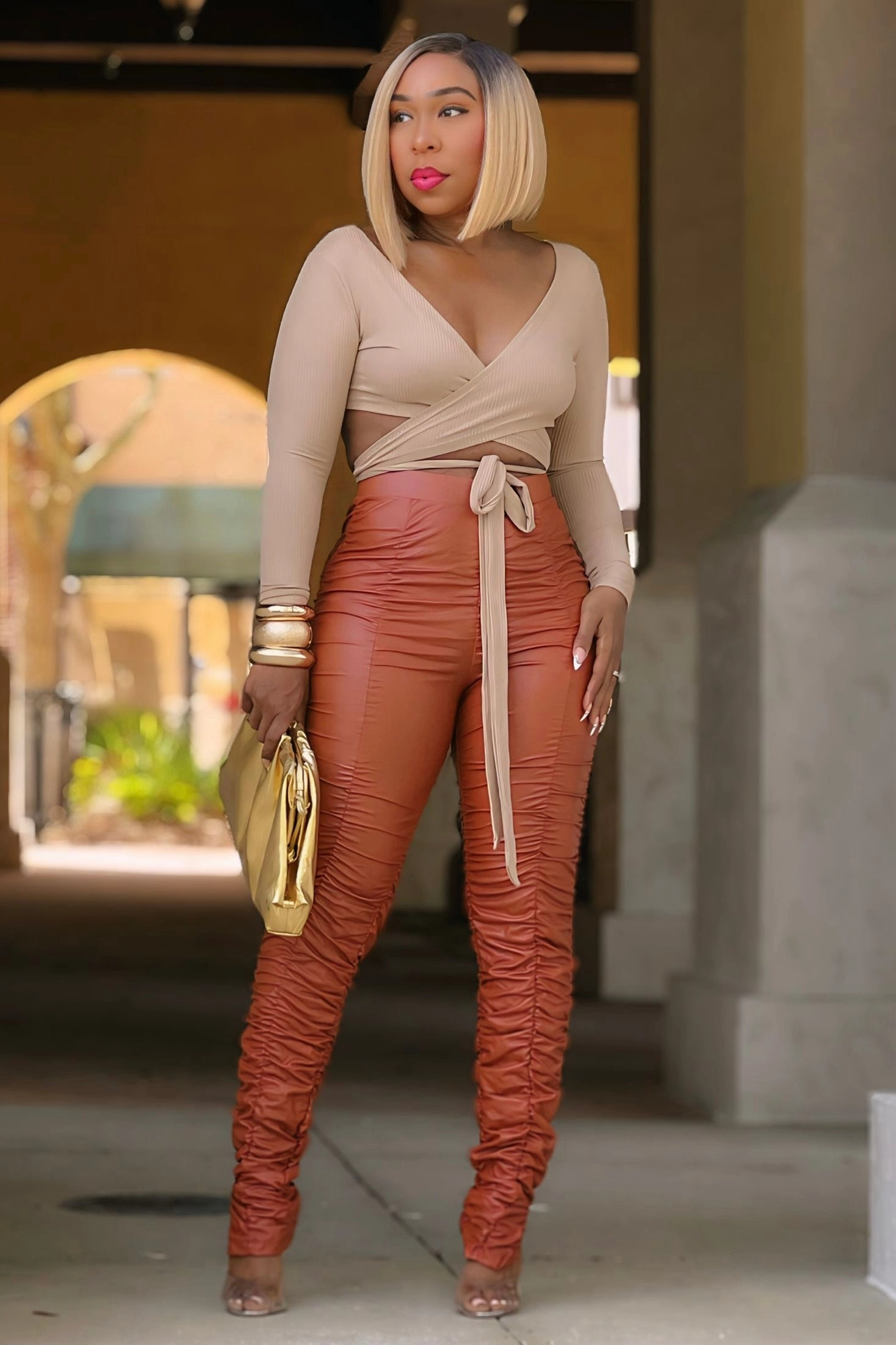 Layered Wear Laruth Leatherette Bungie Pants - Rust