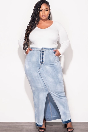 Light Design Final Sale Plus Size Skirt with Front Slit in Denim