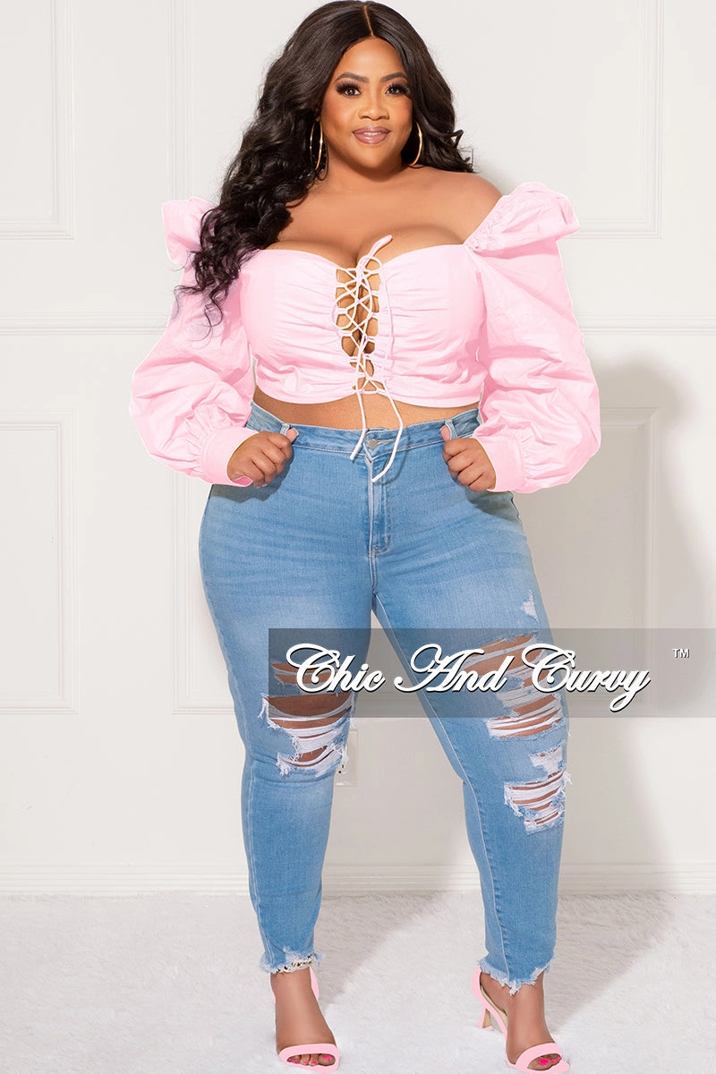 Non Irritating Tags Final Sale Plus Size Sweetheart Lace-Up Crop Top in Light Pink
