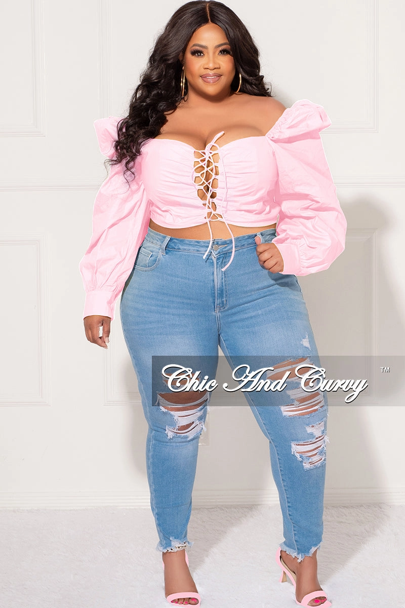 Anti Pilling Decorative stitching Final Sale Plus Size Sweetheart Lace-Up Crop Top in Light Pink