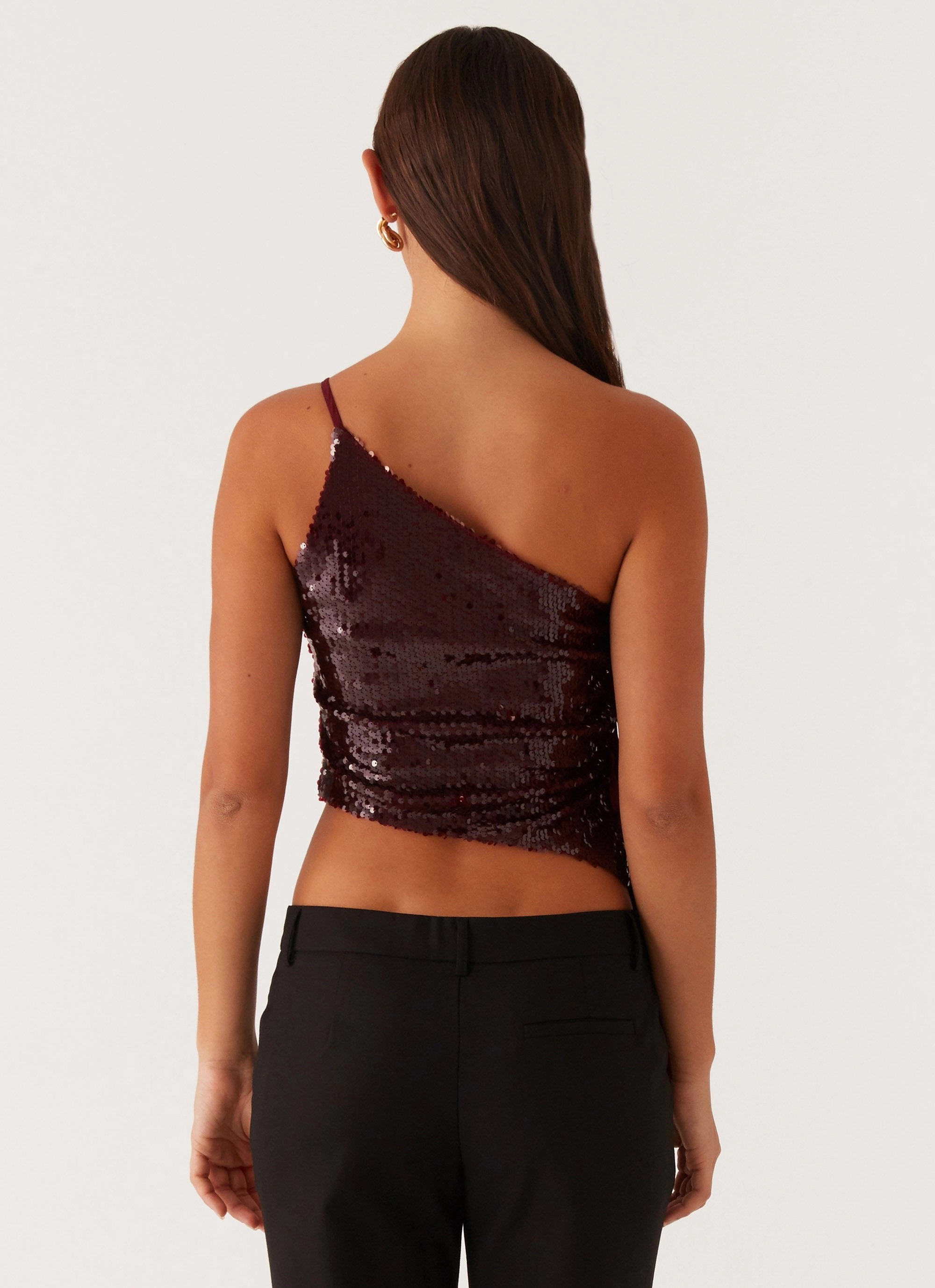 Cosmopolitan One Shoulder Top - Maroon Packable Feature