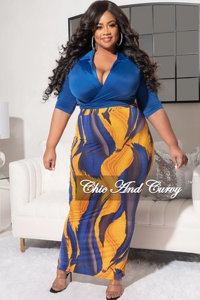 Fit For Movement Final Sale Plus Size 2pc Short Sleeve Crop Tie Top and Pencil Skirt in Royal Blue and Mustard Design Print
