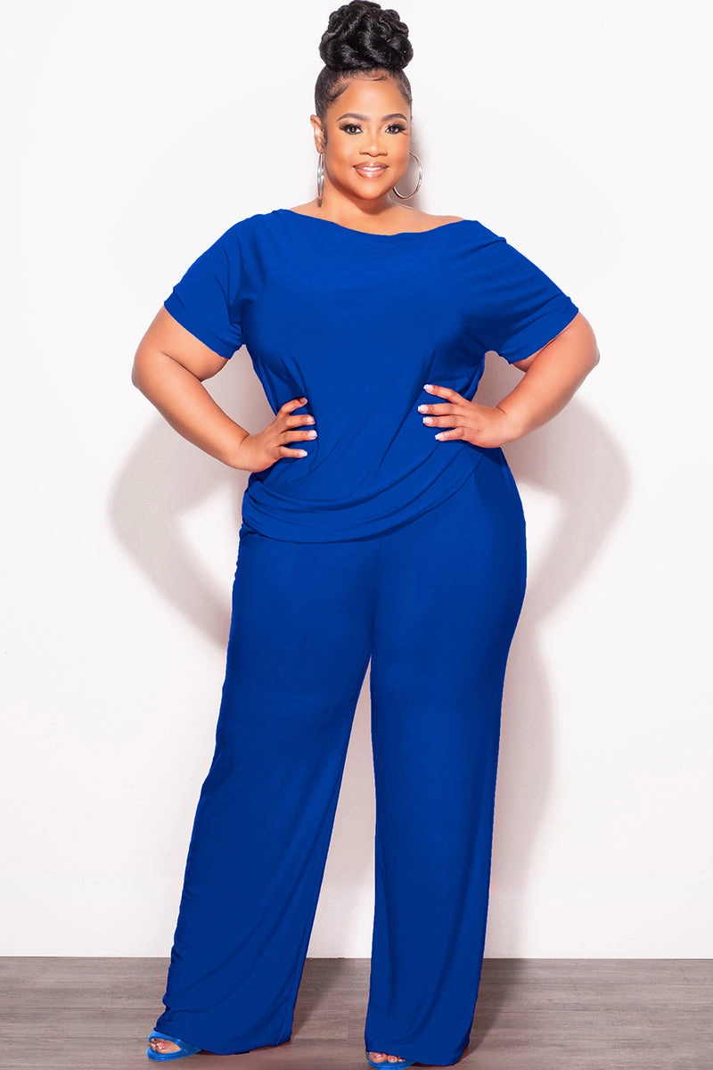 Tapered Leg Design RecycledPolyester Final Sale Plus Size 2pc Top and Pants Set in Royal Blue