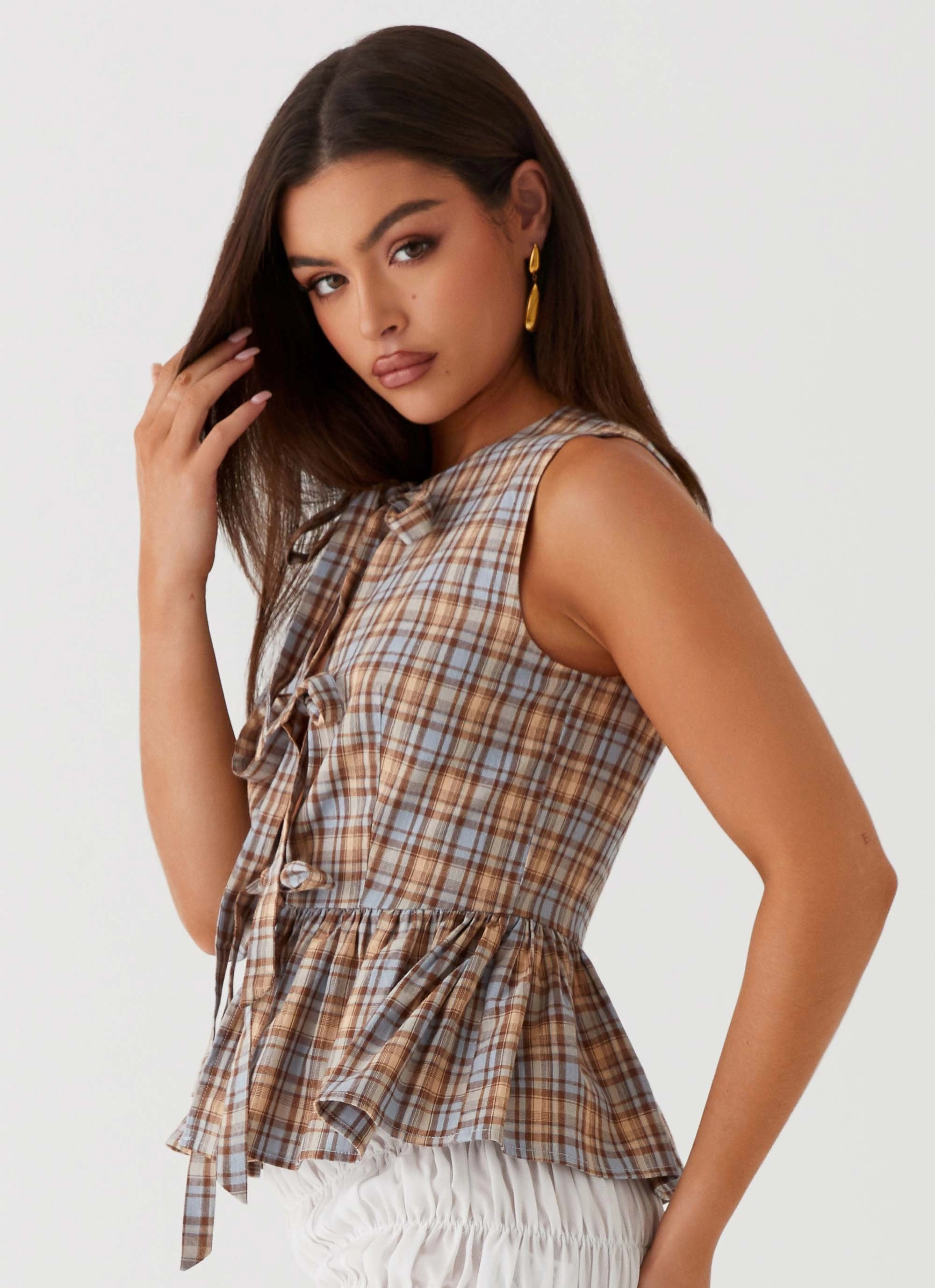 Double Stitched Hems Cyrene Tie Top - Brown Check