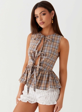 Cyrene Tie Top - Brown Check Slim Fit Shirt MultiLayer Stitching
