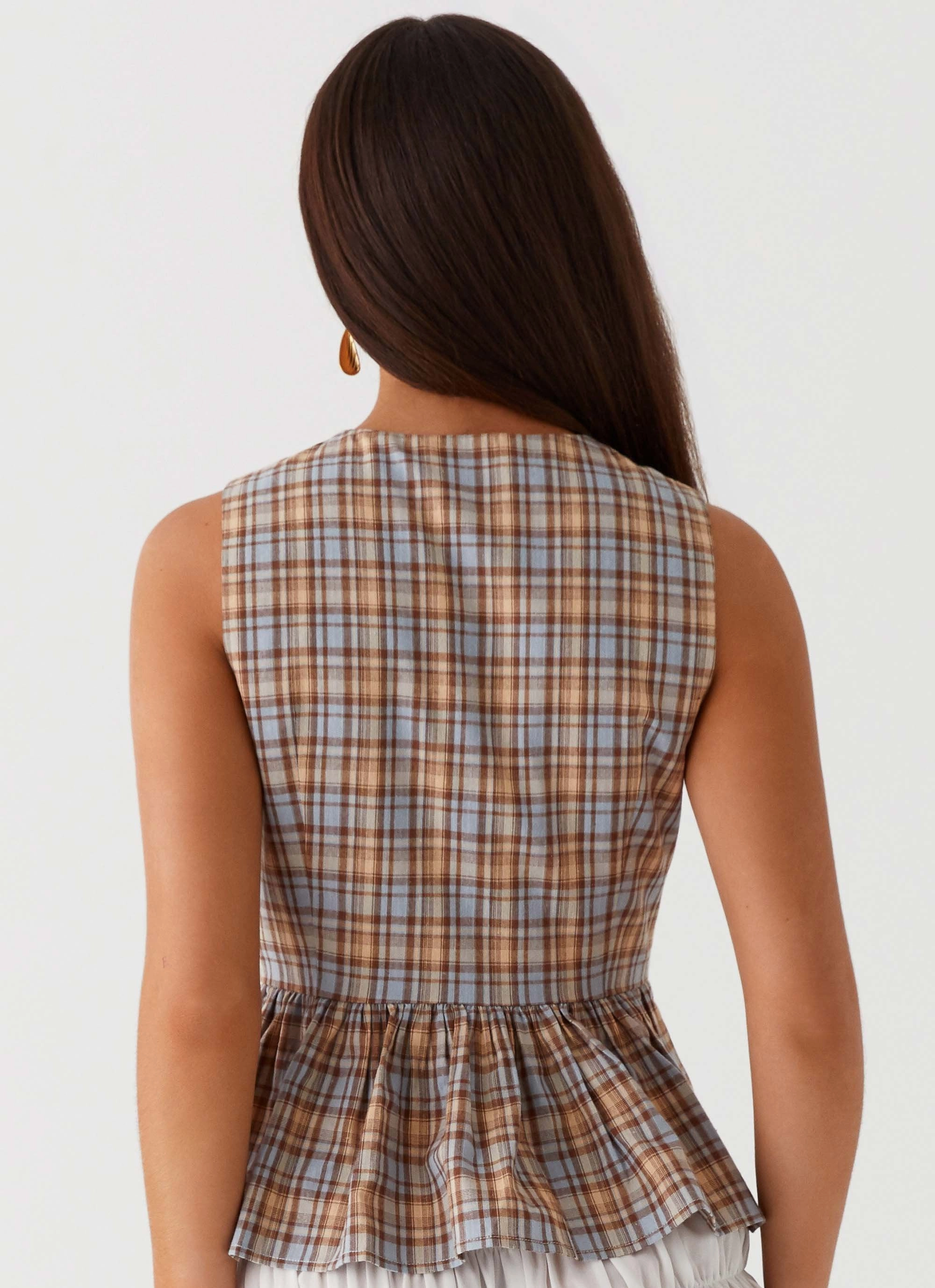 WideNeckOpening Cyrene Tie Top - Brown Check