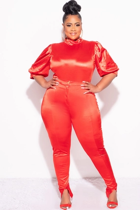 Final Sale Plus Size 2pc Satin Puffy Short Sleeve Bodysuit and Pants Set in Red Wardrobe Essential Noise Reduciting Fabric