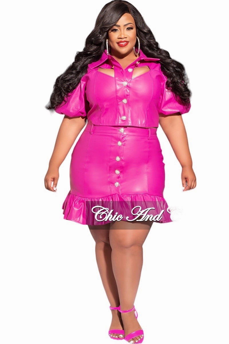 Street Comfort Outdoor Activity Final Sale Plus Size 2pc Collar Puffy Crown Sleeve Crop Top with Cutouts and Ruffle Skirt Set in Pink Vegan Leather
