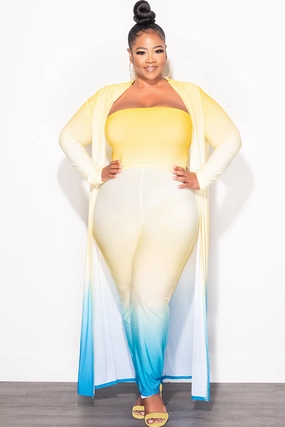 All Occasion Final Sale Plus Size 3pc (Duster, Bandeau Top & Pants) Set in Yellow & Turquoise Ombre