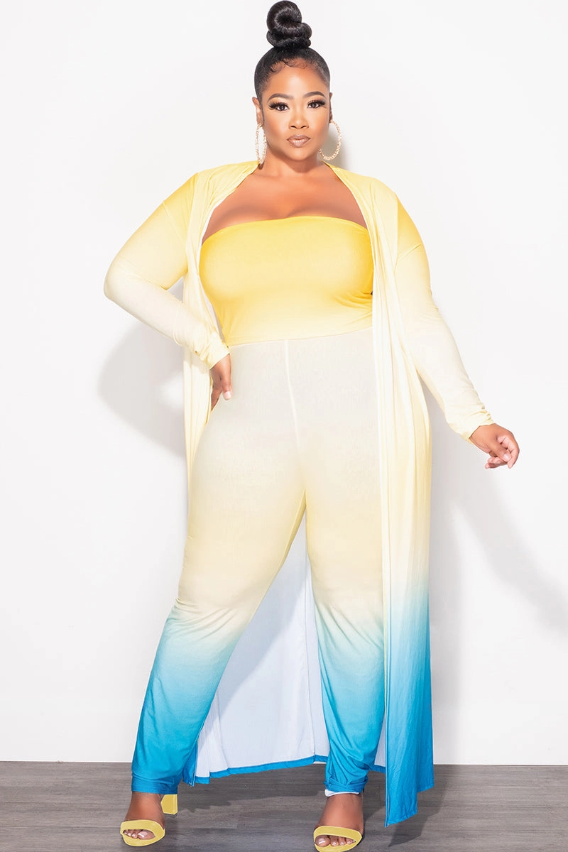 Final Sale Plus Size 3pc (Duster, Bandeau Top & Pants) Set in Yellow & Turquoise Ombre Active Appeal
