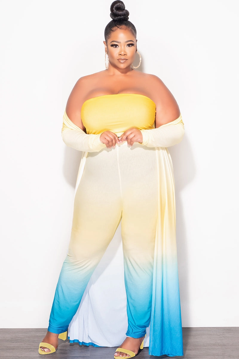 Final Sale Plus Size 3pc (Duster, Bandeau Top & Pants) Set in Yellow & Turquoise Ombre Dynamic Motion HeatRegulatingLining