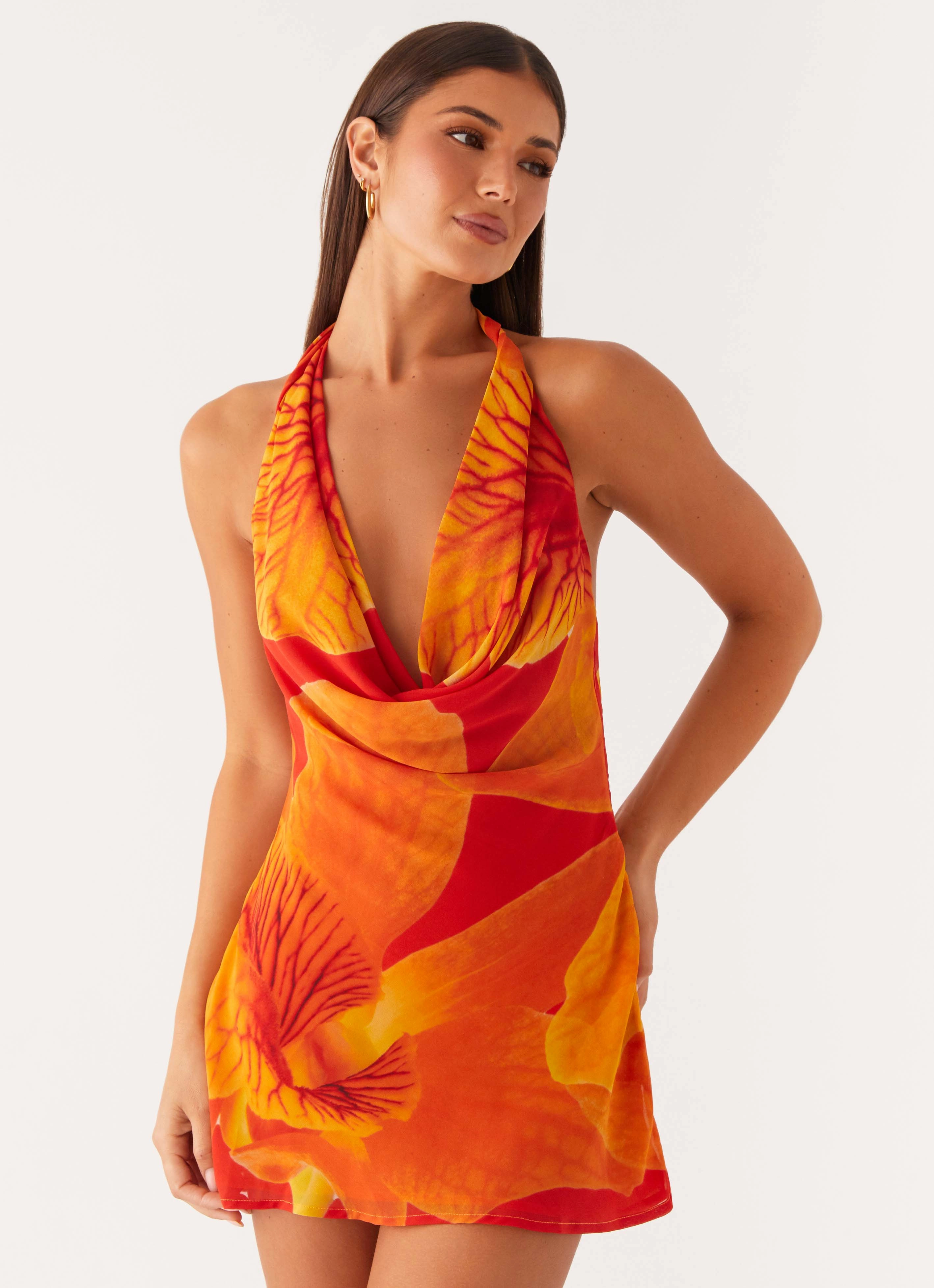 Solar Beam Cowl Mini Dress - Serene Orange button detail
