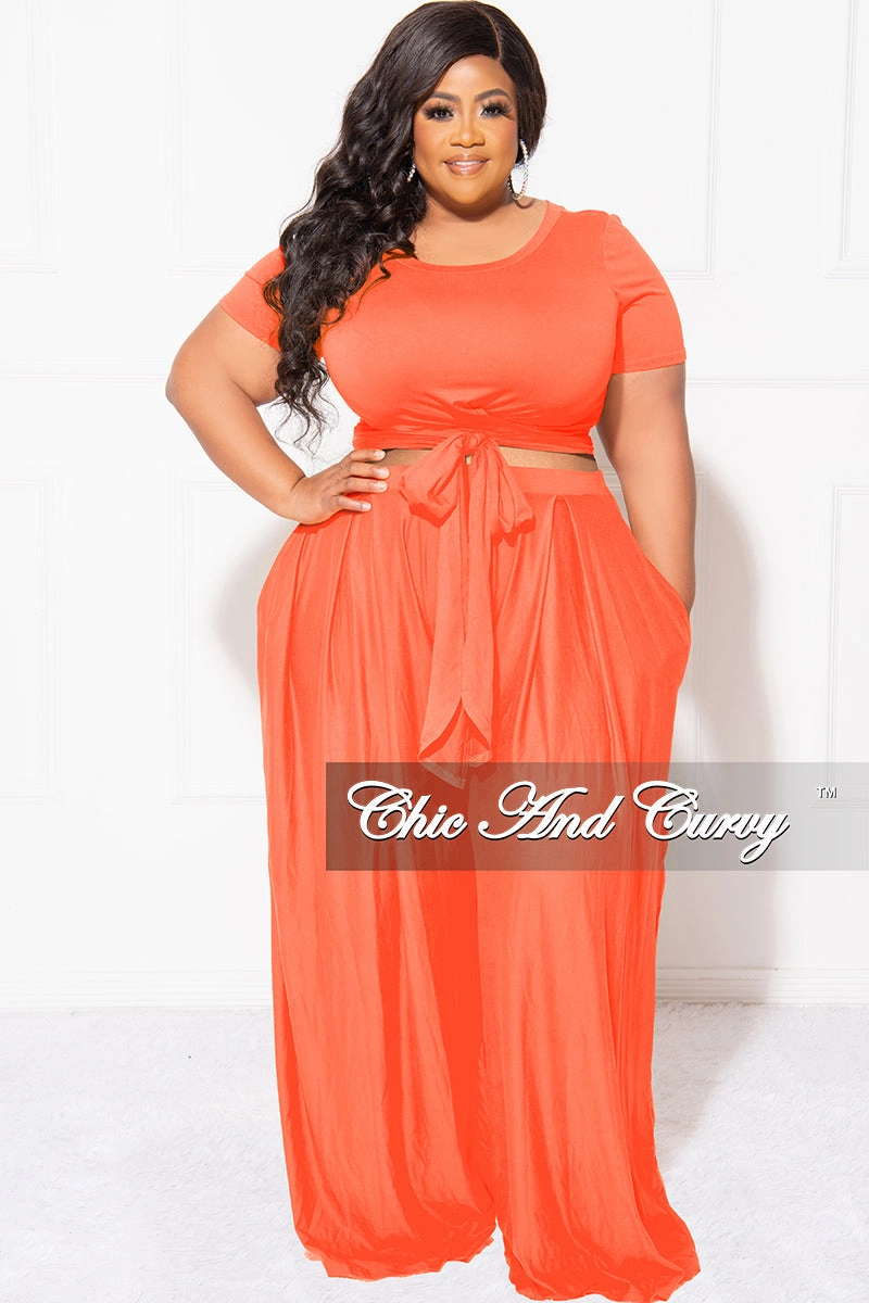 Durable Stitching Final Sale Plus Size 2pc Set Cropped Tie Top & Pants in Orange