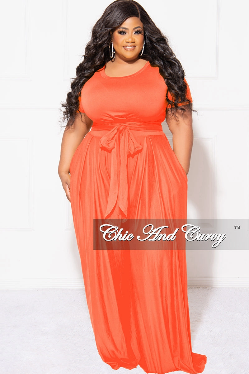 Final Sale Plus Size 2pc Set Cropped Tie Top & Pants in Orange Slim Silhouette Relax Fit