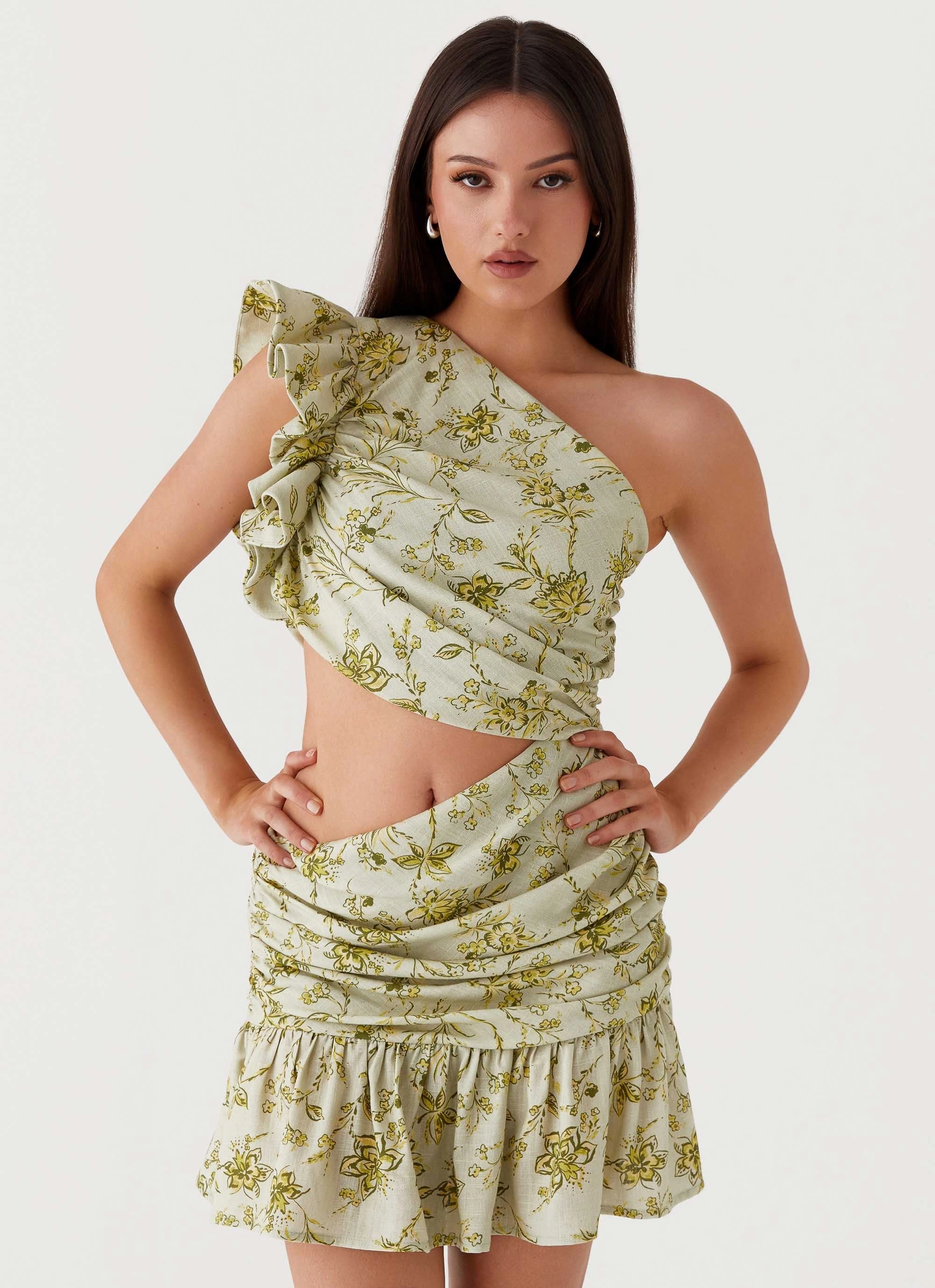 Maisie Linen Mini Dress - Sage Floral Tulle Air Young Edge