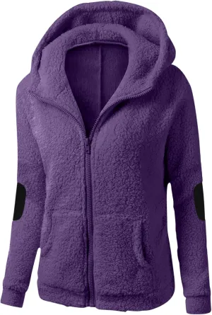 Fleece Hoodie Jacket for Women Fall Winter Wool Zip Warm Parka Jacket Coat Ladies Fluffy Slim Fit Hooded Outwear Coat