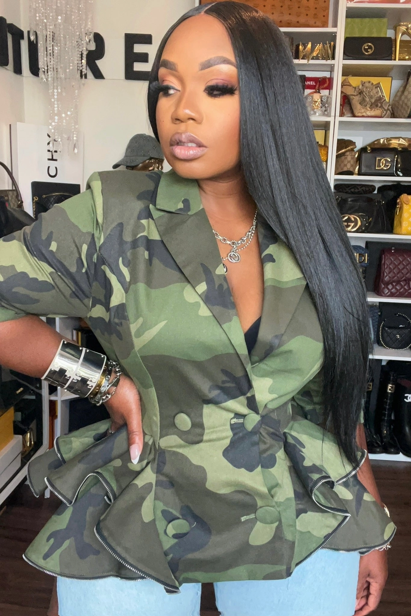 Bernardette Lux Camo Peplum Jacket Stretchable Material