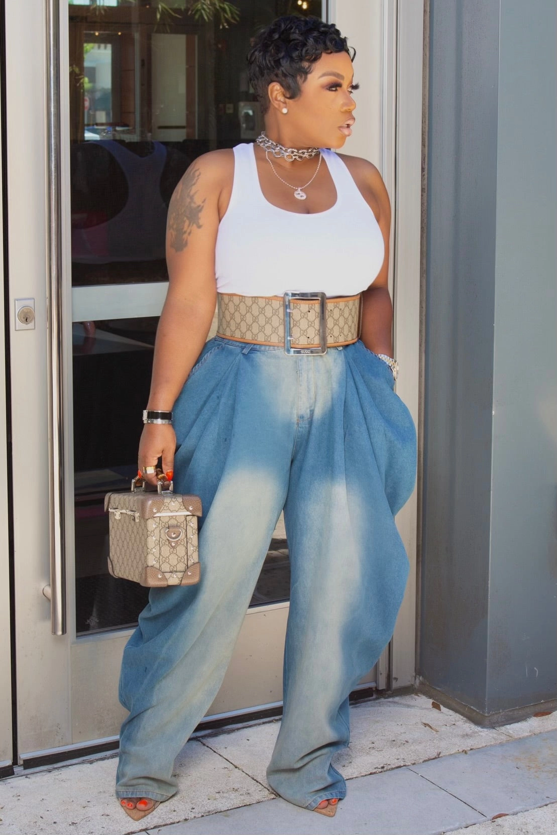 Adjustable loop Bold Waistband Charlene Statement Draped Denim Jeans