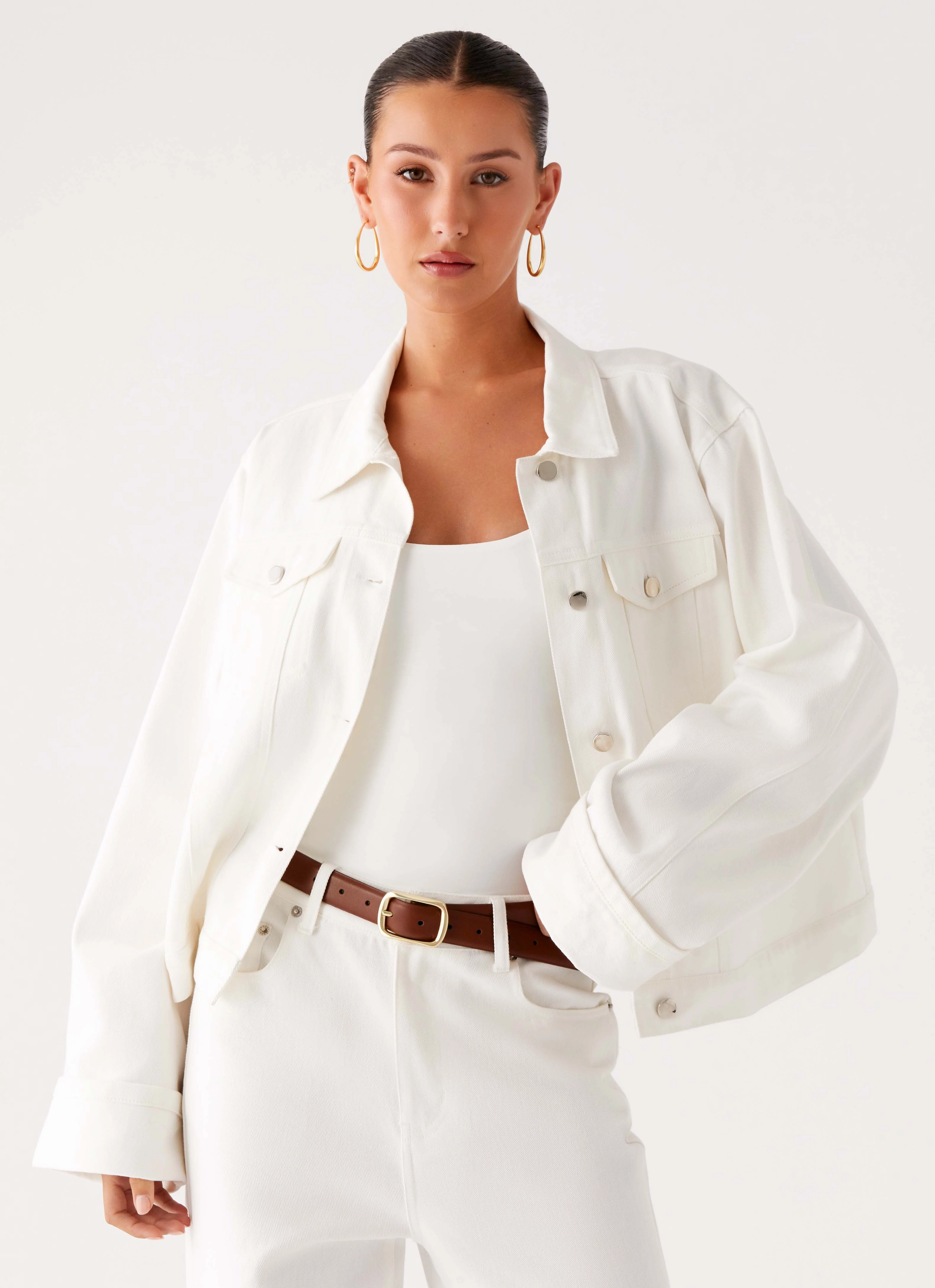 Soft Layers Basic Travel Fit Back Again Oversized Denim Jacket - White