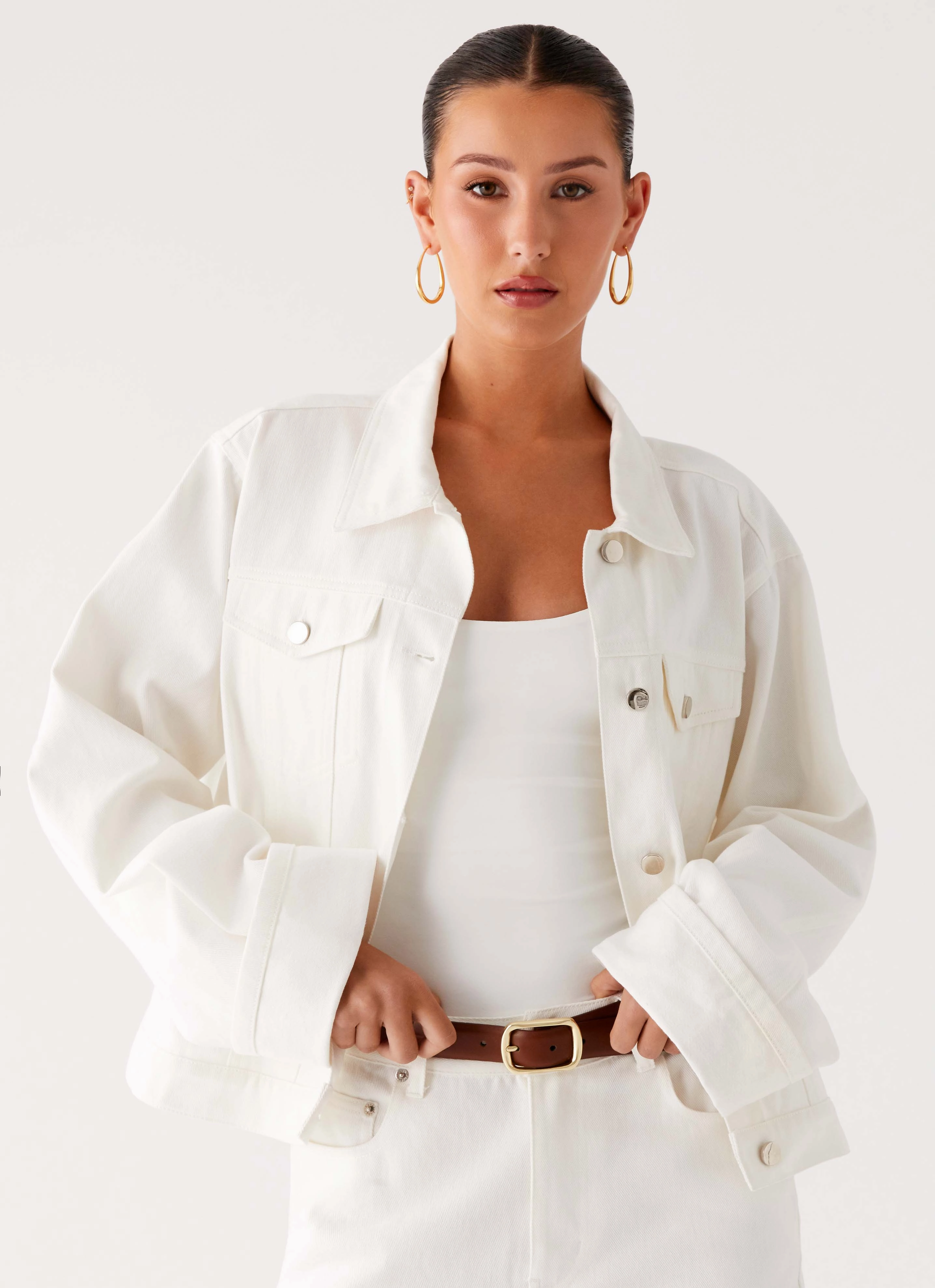 Back Again Oversized Denim Jacket - White Embellished Trim Waterproof Technology