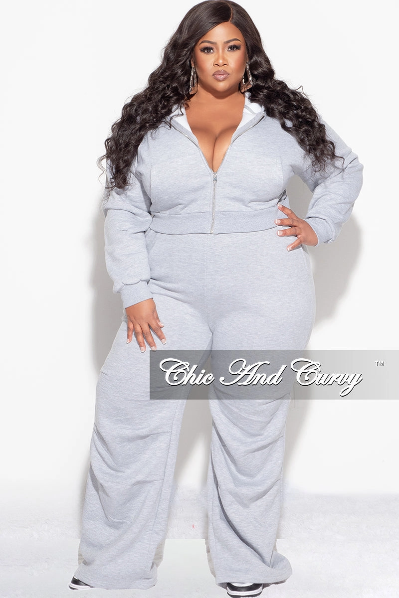 Reflective Trim Options Final Sale Plus Size Plush 2pc Zip-Up Hooded Top and Wide Leg Pleated Lower Leg Sweatpants in Grey