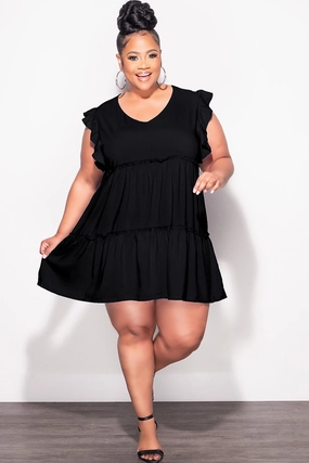 Final Sale Plus Size Ruffle Sleeve 3-Tiered Baby Doll Dress in Black (Rayon Not Stretchy) Low Bulk Material Relaxed Fit Design