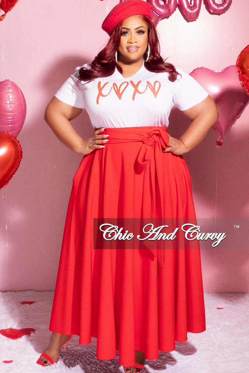 Final Sale Plus Size Long Maxi Skirt with Waist Tie in Red Relaxed Comfort Wear