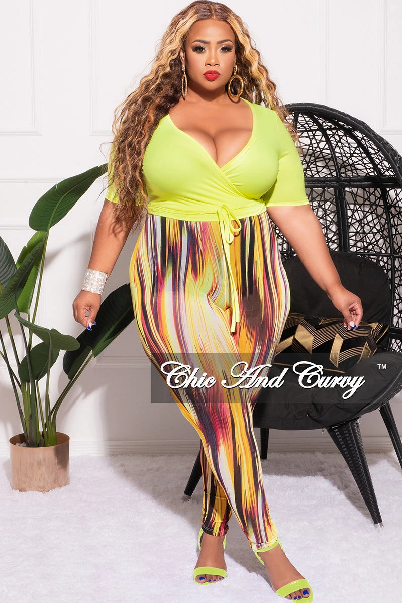 Final Sale Plus Size 2pc Long Sleeve Crop Tie Top and Mesh Pants in Neon Green Multi Color Slim Waist