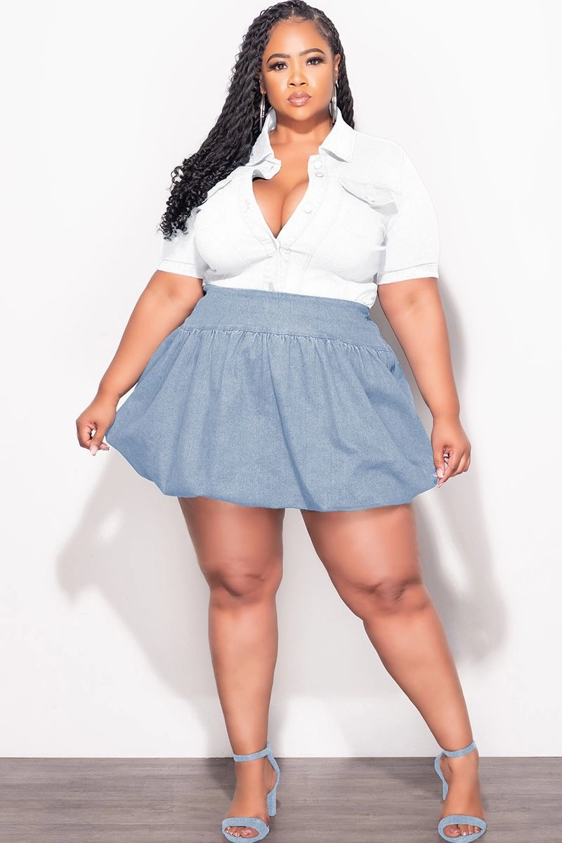 Final Sale Plus Size Bubble Mini Skirt in Light Blue Acid Denim Tailored Wear