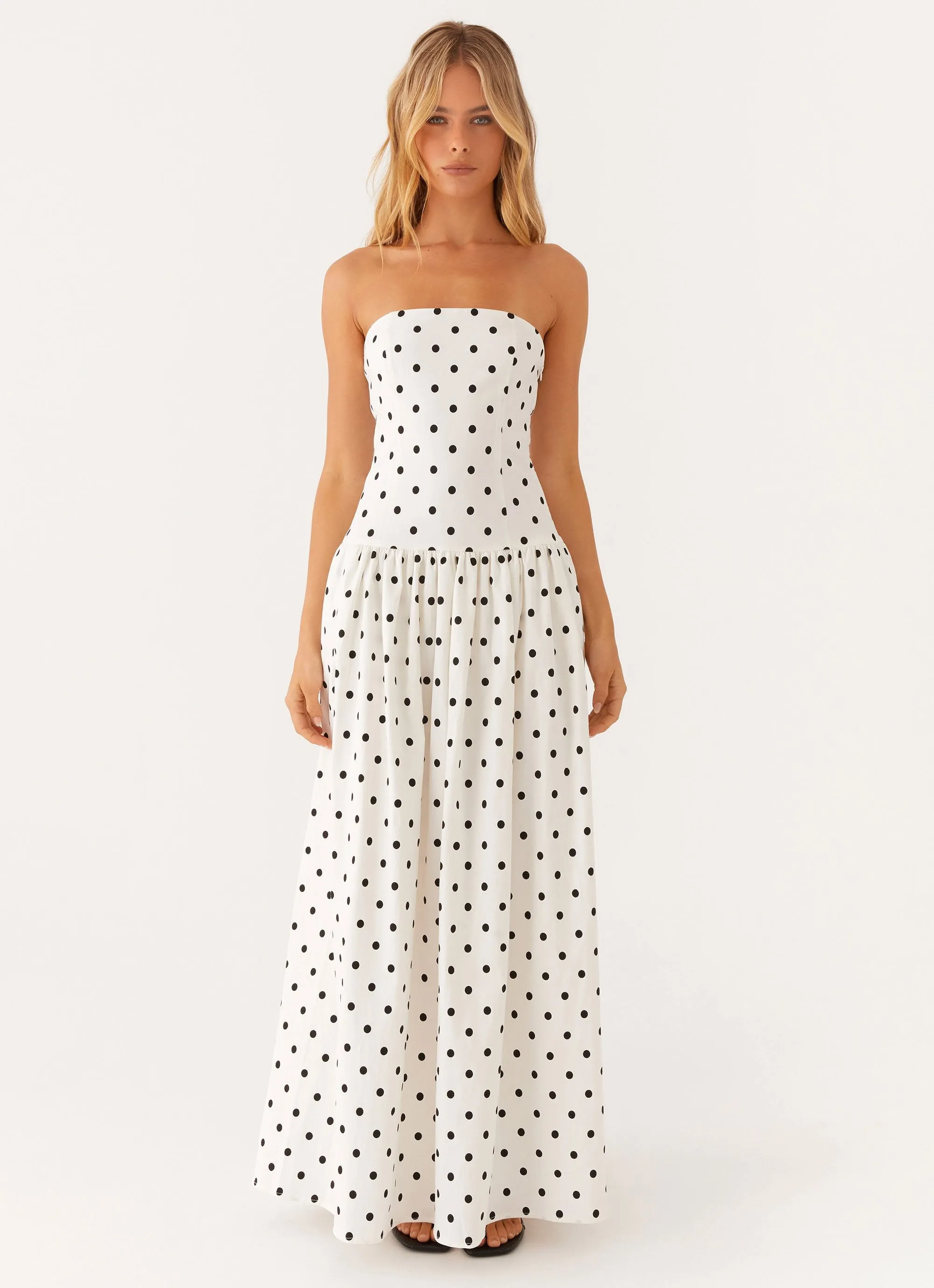 Subtle Drape Andorra Maxi Dress - White Polkadot
