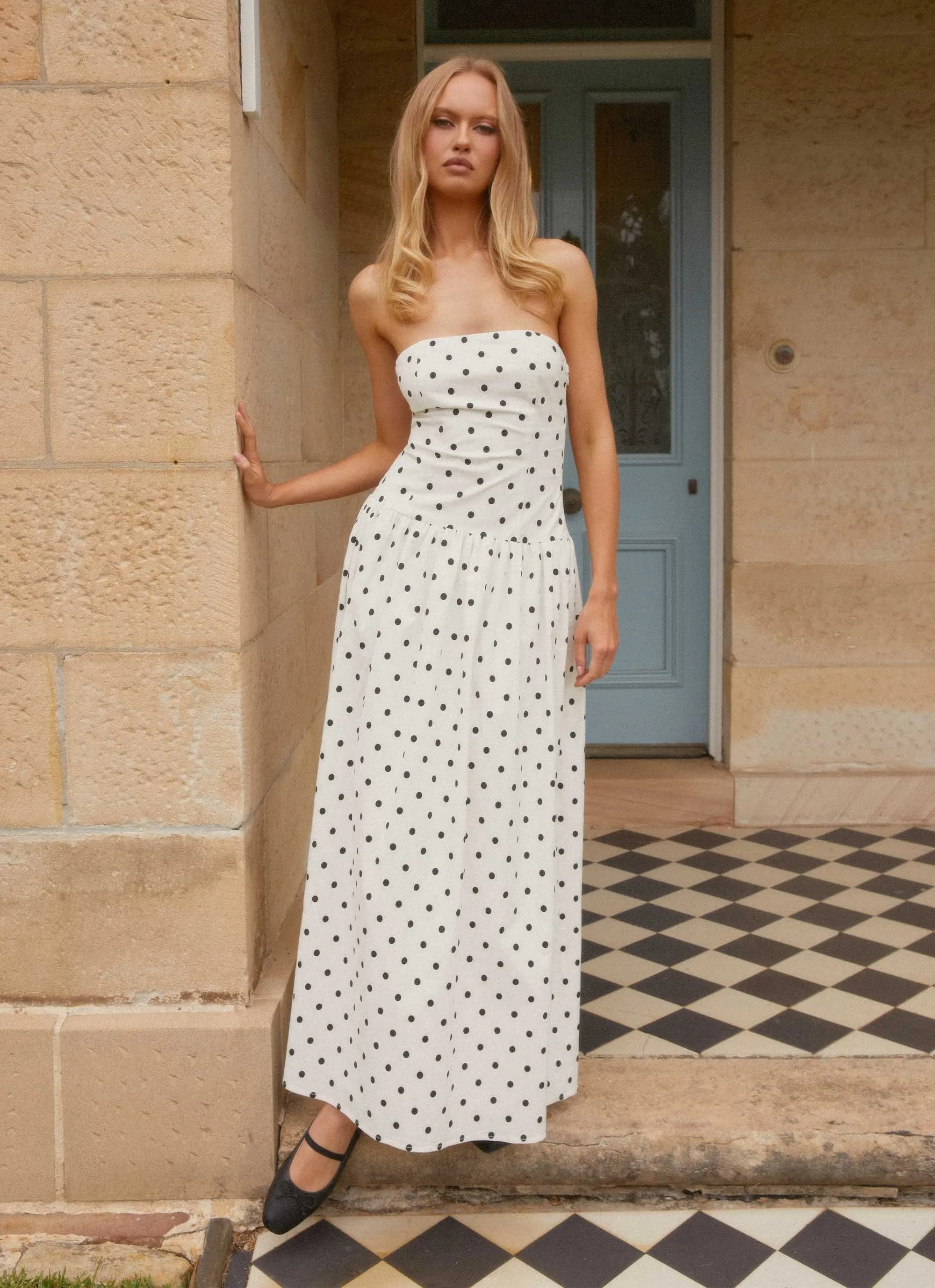 Andorra Maxi Dress - White Polkadot Movement Friendly Lounge Ready