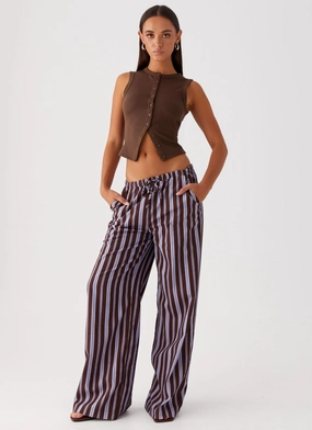 Fresh Face Linen Pants - Purple Brown Stripe No Tag