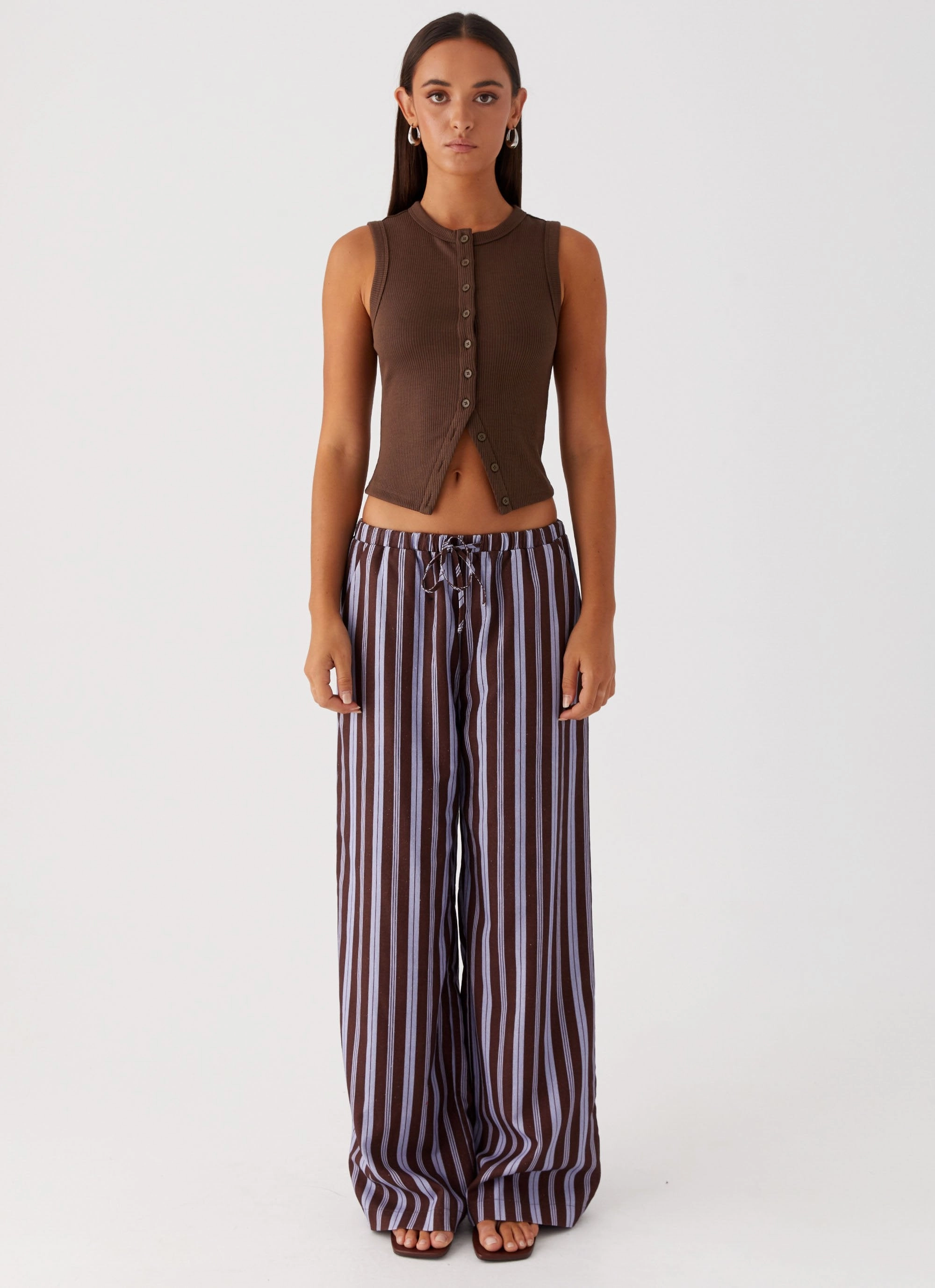 Smart Layering Fresh Face Linen Pants - Purple Brown Stripe
