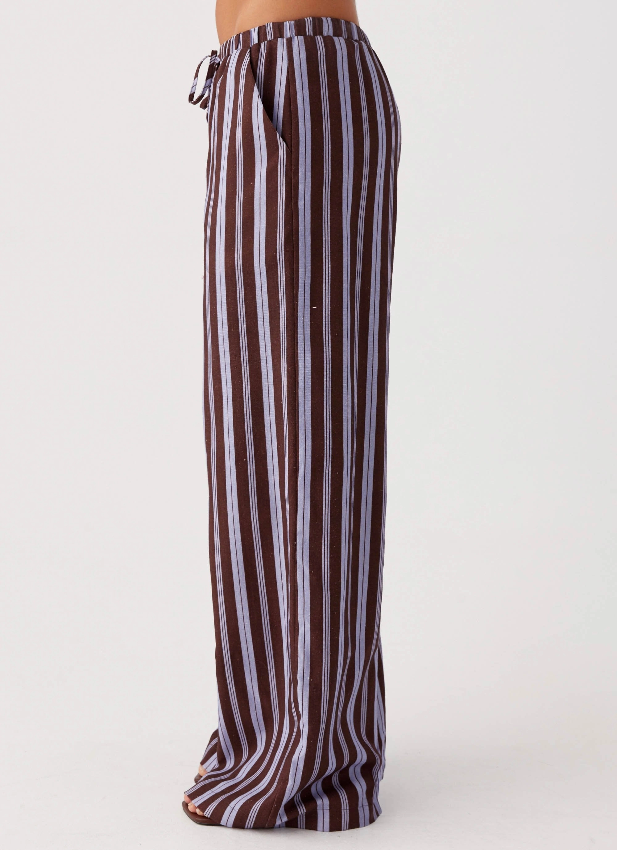 Fresh Face Linen Pants - Purple Brown Stripe Flattering Look Breathable Layer Fit