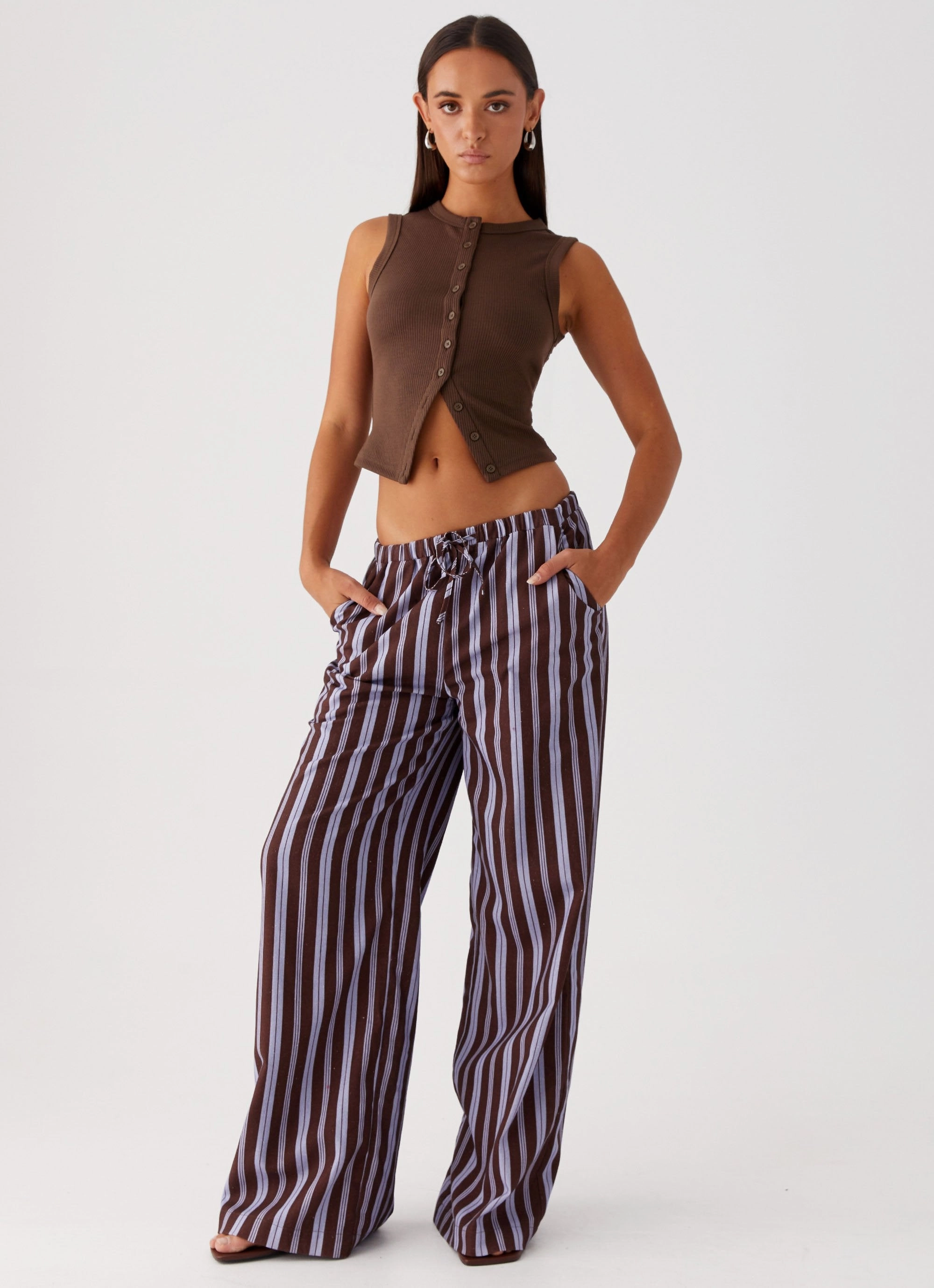 Fresh Face Linen Pants - Purple Brown Stripe No Tag