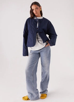 Faded Fall Quilted Jacket - Vintage Blue Wash Scratch Resistant Zippers Durable zipper pull