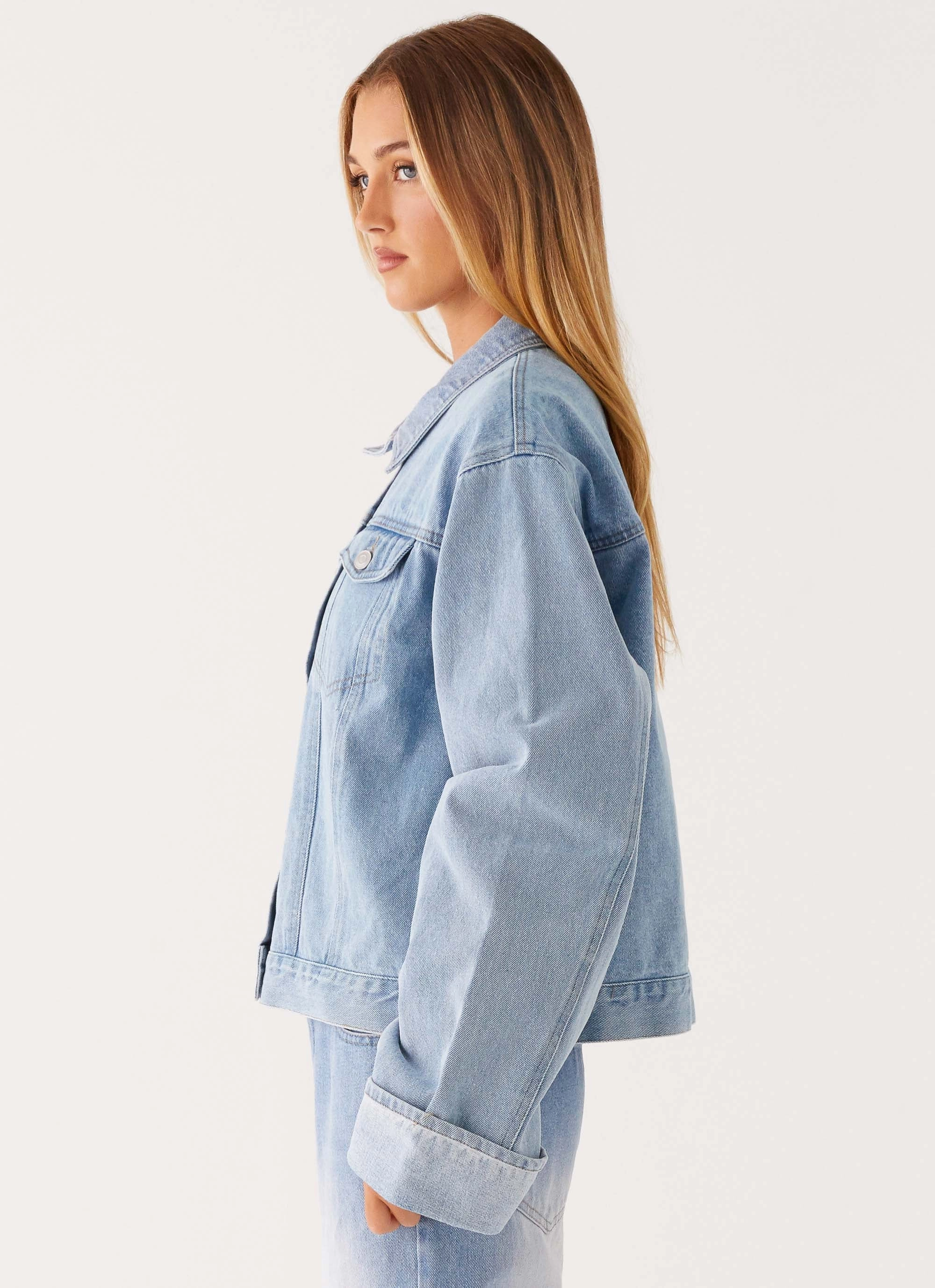 Back Again Oversized Denim Jacket - Light Wash Blue Comfort Fit Slip Resistant Grip