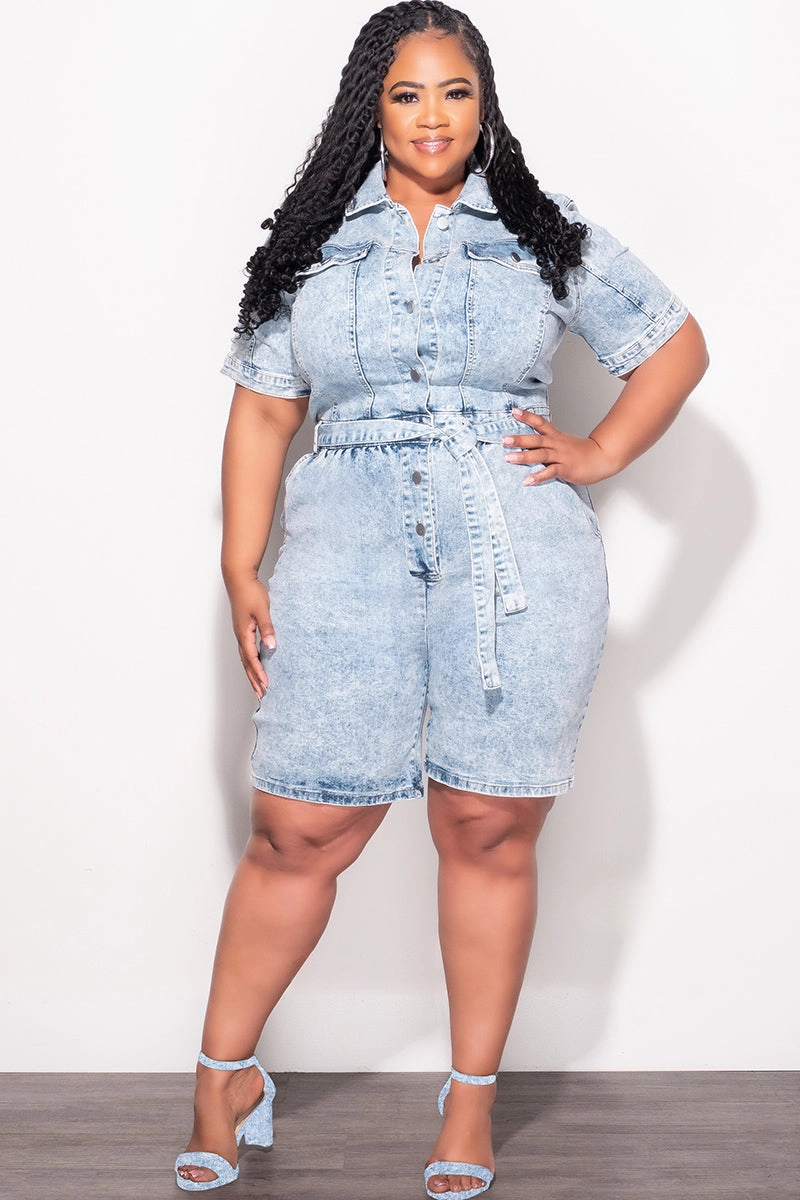 Final Sale Plus Size Collar Button Up Romper in Light Acid Wash Water Resistant Finish HighWaistSupport