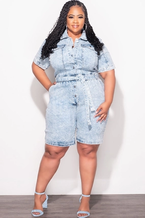 Final Sale Plus Size Collar Button Up Romper in Light Acid Wash Formal Look Sleek Fit