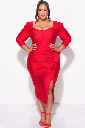 Final Sale Plus Size Shiny BodyCon Dress with Side Ruffle and Front Slit in Red Stay Dry