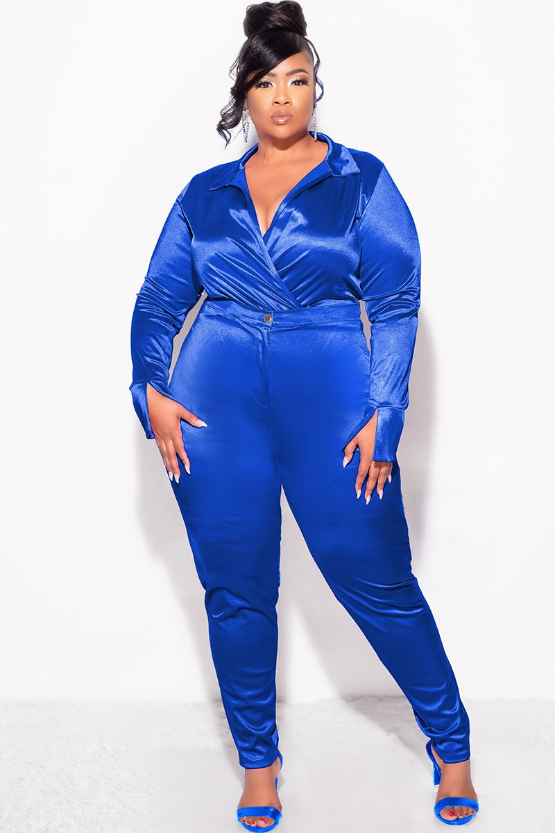 Relax Fit Wear Final Sale Plus Size 2-Piece Satin Collared Faux Wrap Bodysuit and Pants Set in Royal Blue