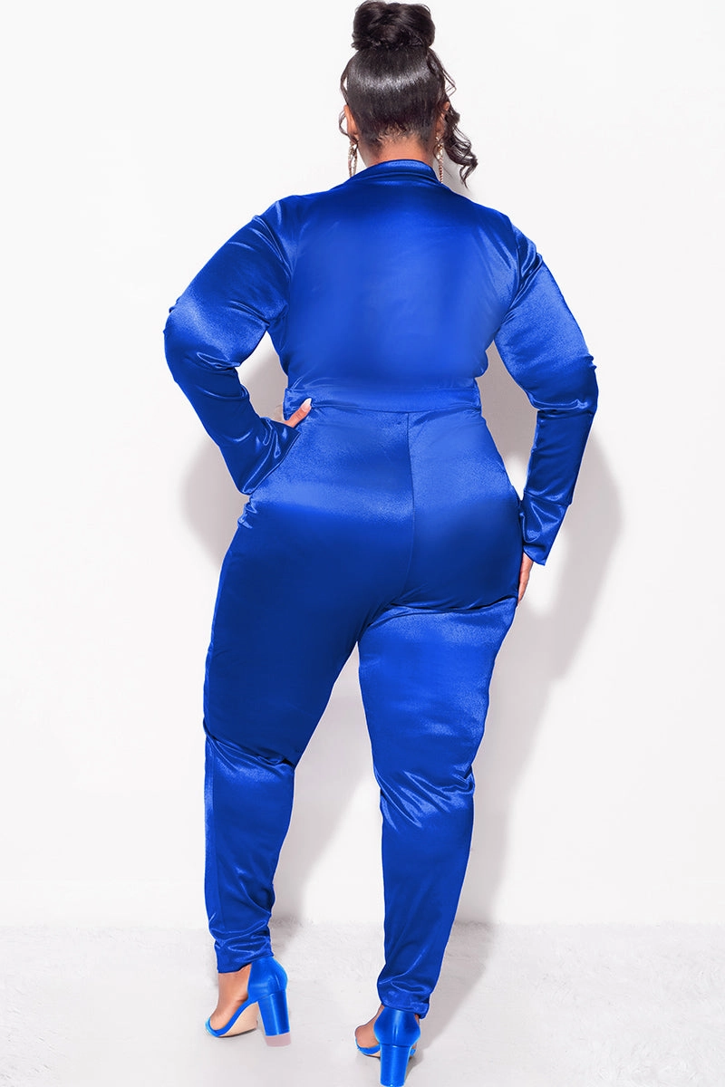 Quick Change MoistureWickingFabric Final Sale Plus Size 2-Piece Satin Collared Faux Wrap Bodysuit and Pants Set in Royal Blue