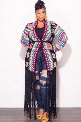 No Ride Up Final Sale Plus Size Crochet Cardigan with Bottom Fringe in Black