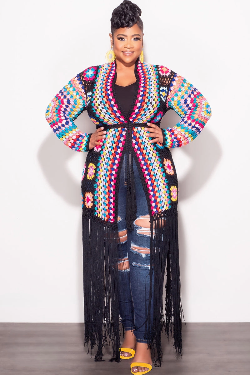Final Sale Plus Size Crochet Cardigan with Bottom Fringe in Black Performance Design Fit