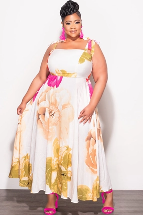 Final Sale Plus Size Self Tie Strap Light Weight Linen Blend Dress in Ivory Floral Print Non Binding Waist Wear Resistant Fabric