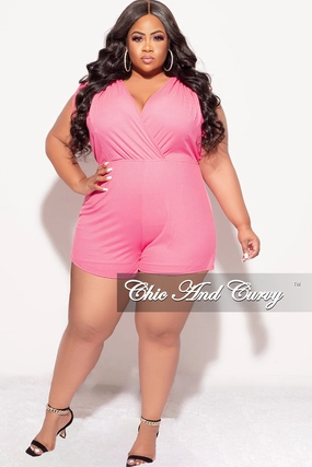 Essential Comfort TaperedLeg Final Sale Plus Size Ribbed Faux Wrap Romper in Fuchsia