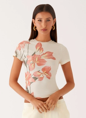 Late Night Mesh Baby Tee - Siena Floral Mesh Panel Details Thermal Insulation
